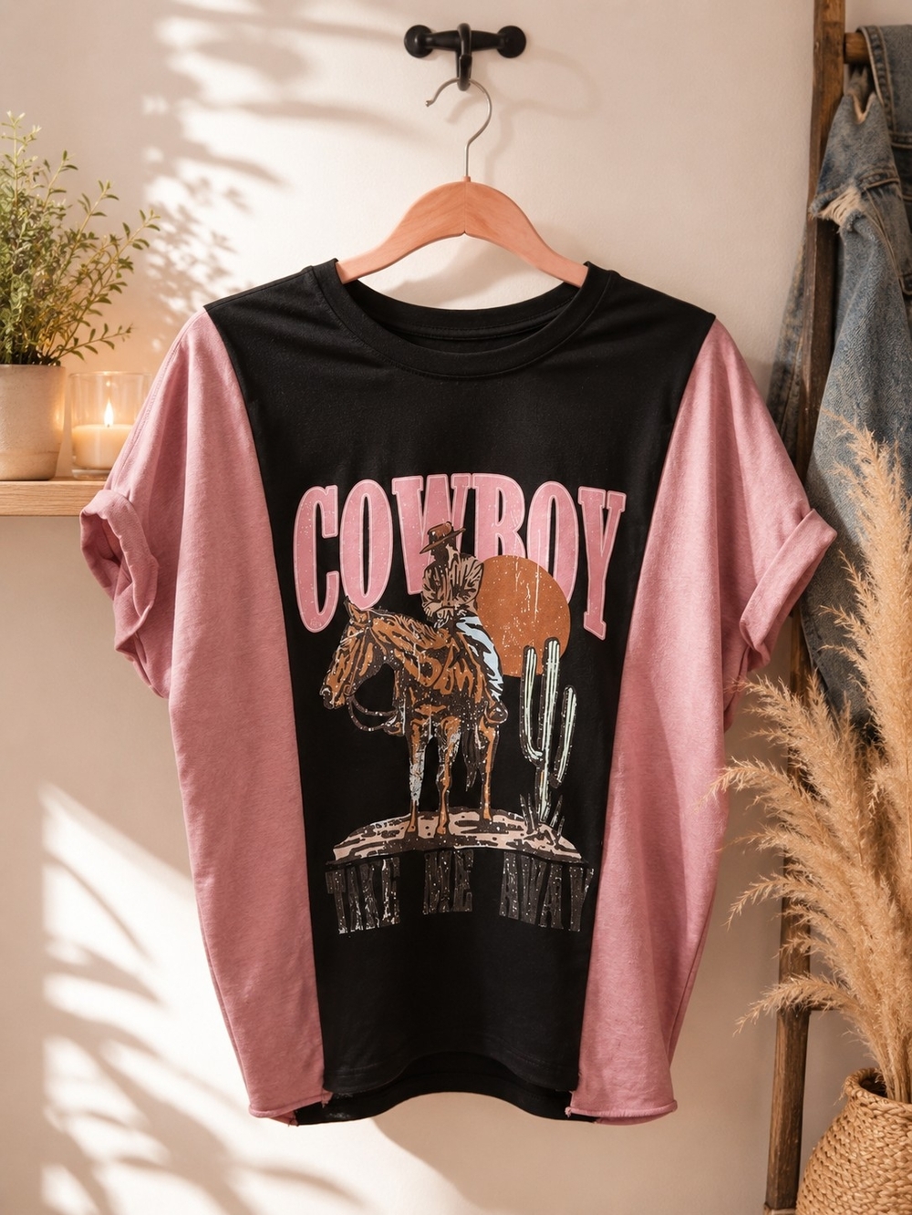 Cowboy Graphic Short Sleeve Tee - Pink and Black